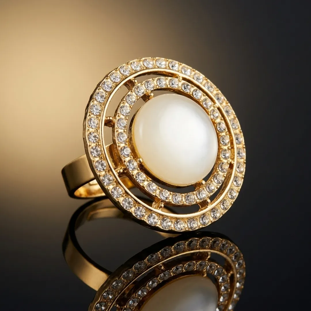 White Pearl Double Halo AD Ring - Designer Fashion Jewellery for Bridal Occasions