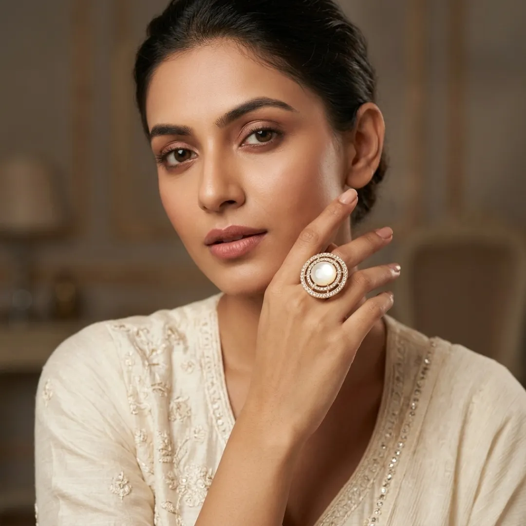 White Pearl Double Halo AD Ring - Designer Fashion Jewellery for Bridal Occasions