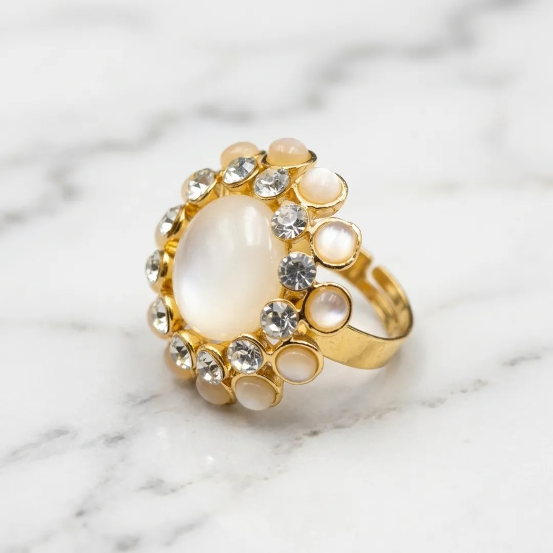Kundan Pearl AD Cocktail Ring - Traditional Designer Fashion Jewellery for Bridal Wear