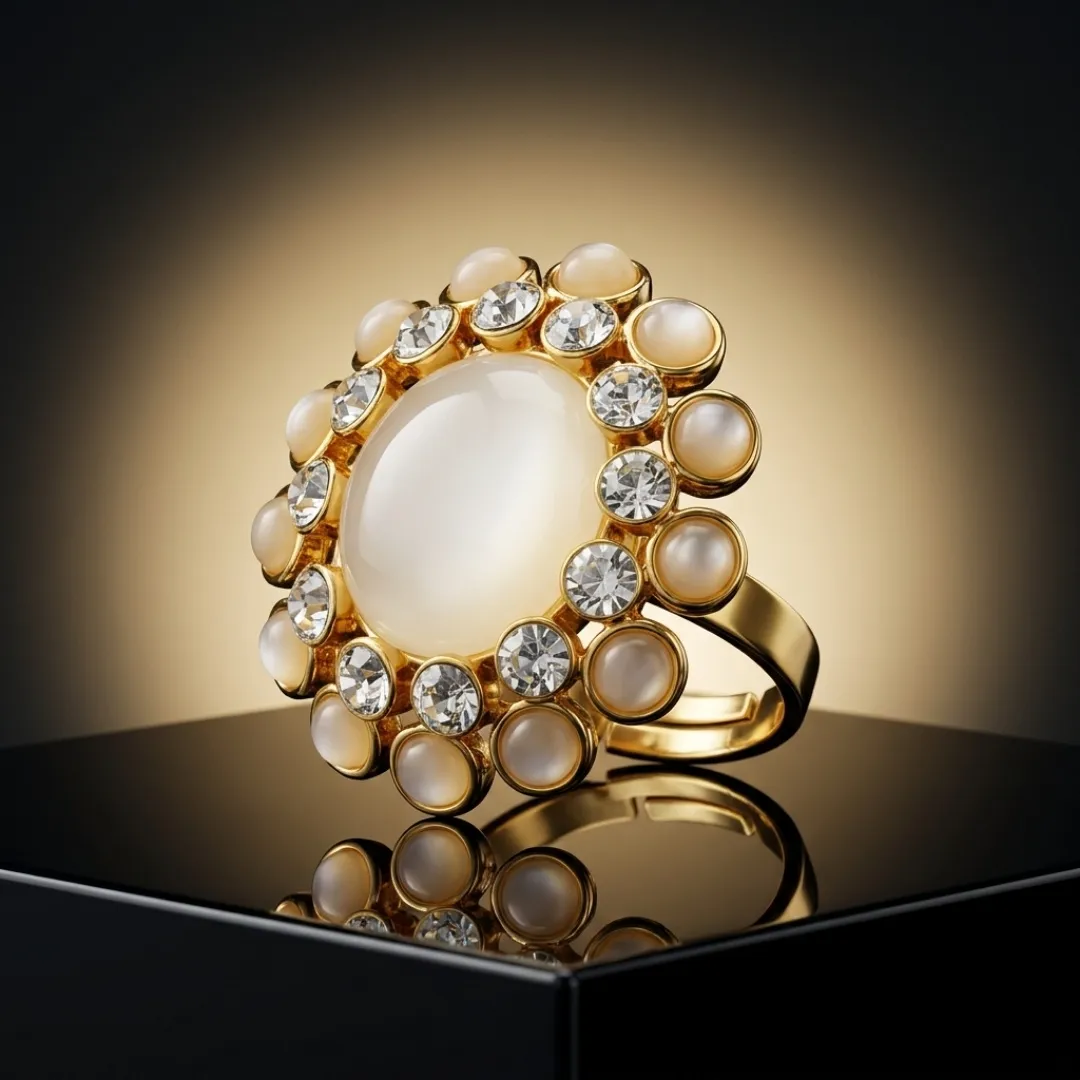 Kundan Pearl AD Cocktail Ring - Traditional Designer Fashion Jewellery for Bridal Wear