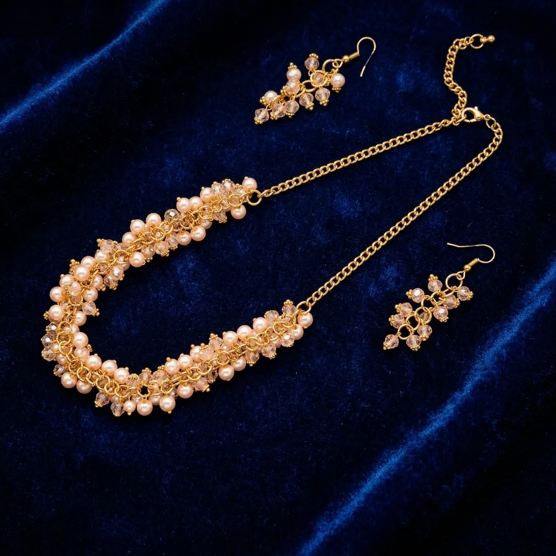 Rose Gold Pearl Beaded Necklace Set - Designer Fashion Jewellery for Bridal & Party Wear