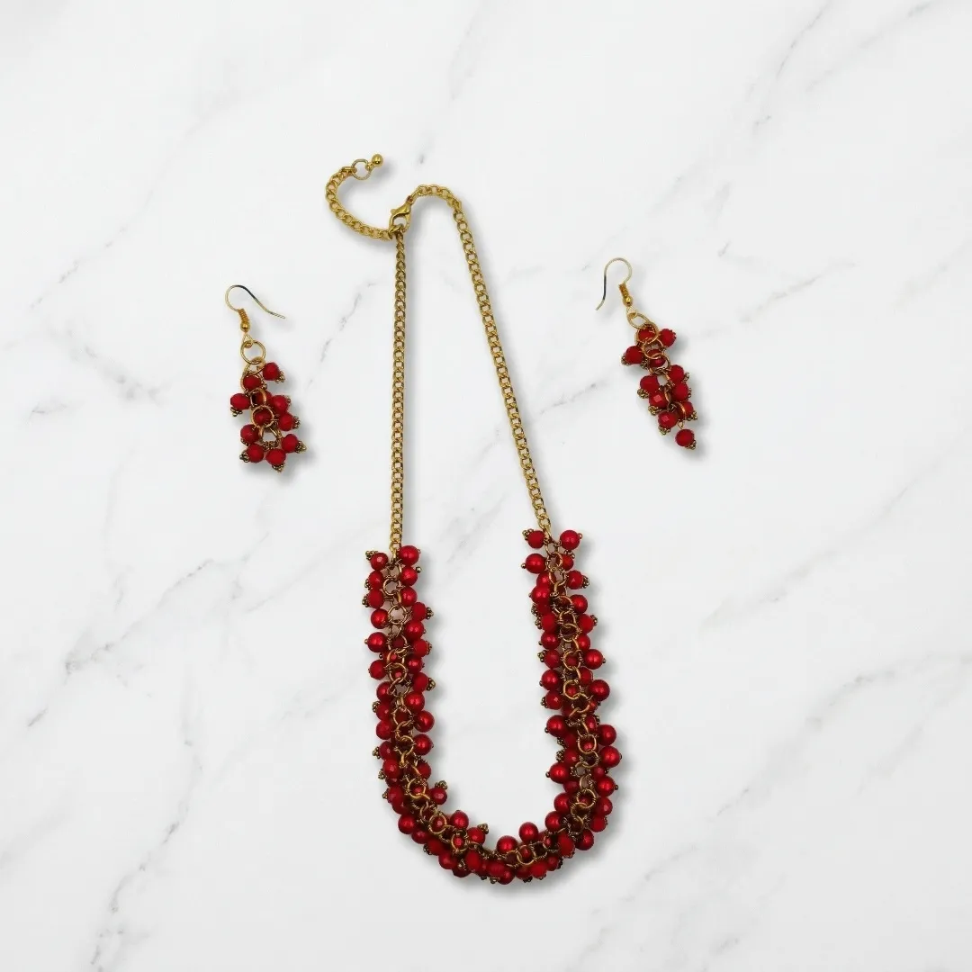 Red Beaded Long Necklace Set - Traditional Designer Fashion Jewellery for Bridal & Festive Wear