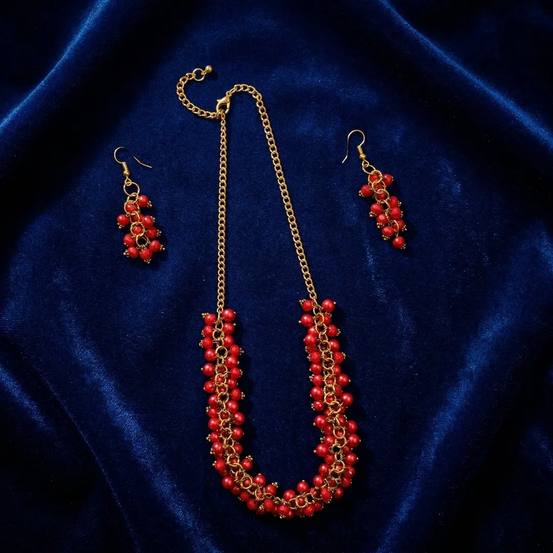 Red Beaded Long Necklace Set - Traditional Designer Fashion Jewellery for Bridal & Festive Wear