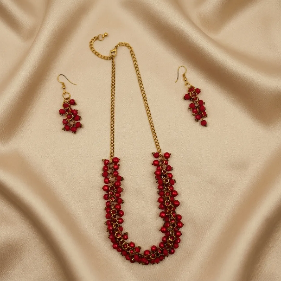 Red Beaded Long Necklace Set - Traditional Designer Fashion Jewellery for Bridal & Festive Wear