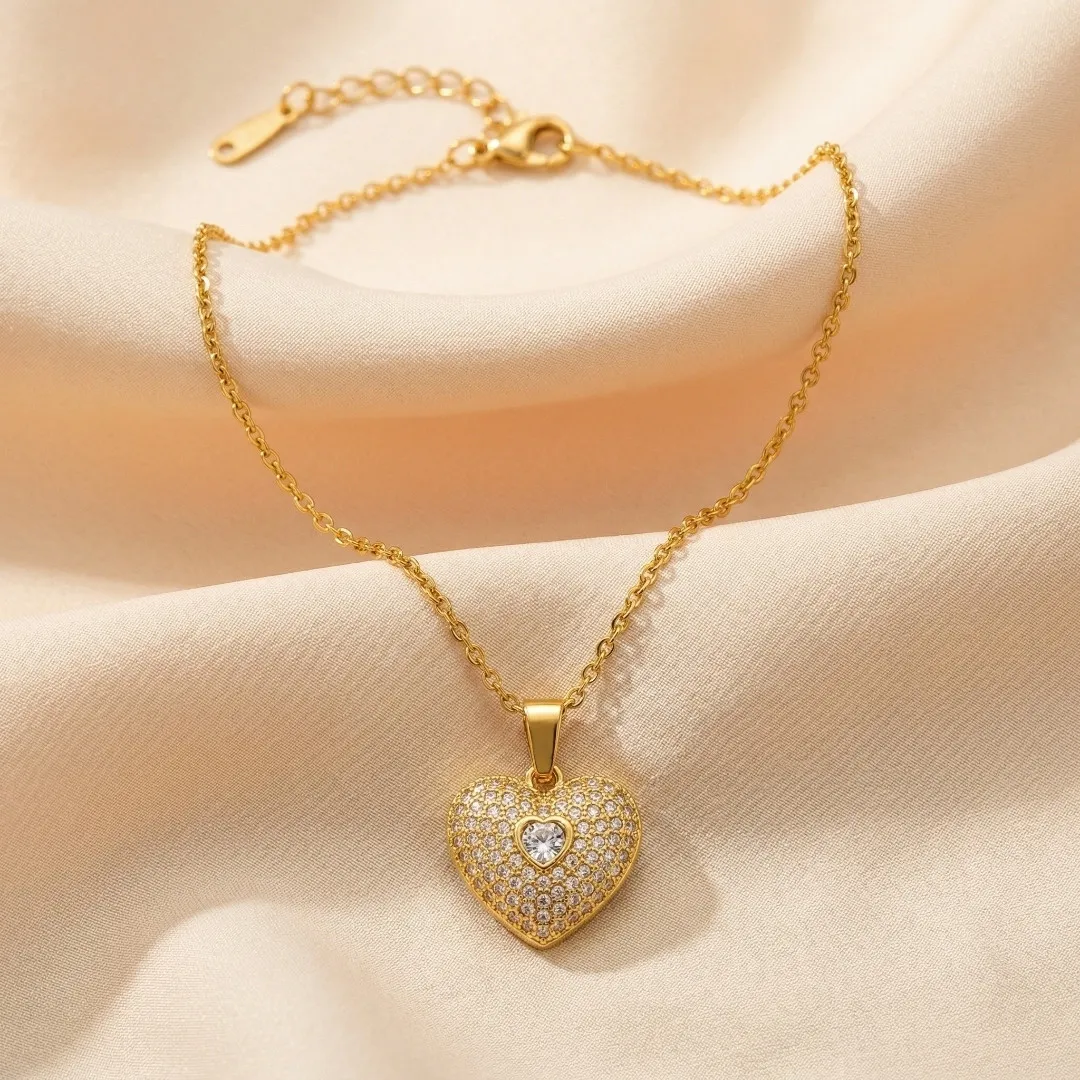 Gold Heart AD Pendant Necklace - Designer Fashion Jewellery for Bridal & Daily Wear