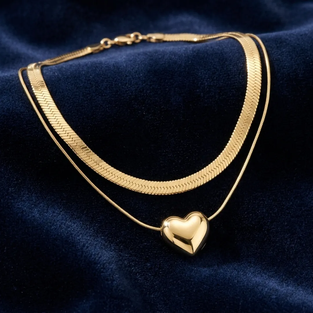Gold Heart Layered Chain Necklace - Designer Fashion Jewellery for Casual & Party Wear