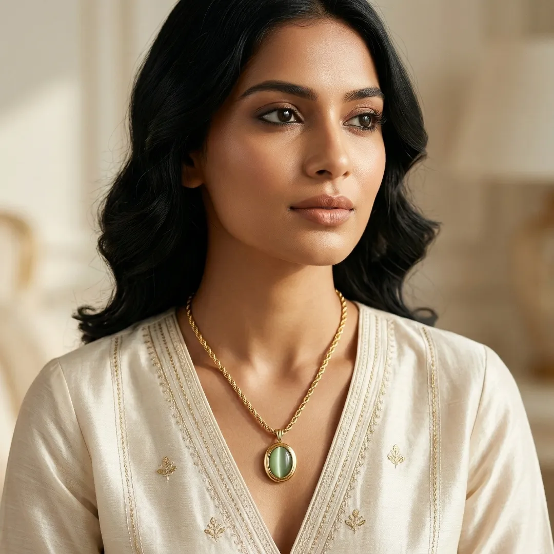 Green Stone Gold Pendant Necklace - Designer Fashion Jewellery for Casual & Party Wear