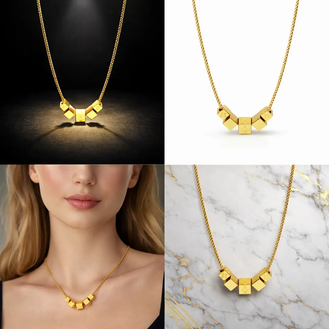 Gold Cube Geometric Necklace - Contemporary Designer Fashion Jewellery for Casual & Party Wear