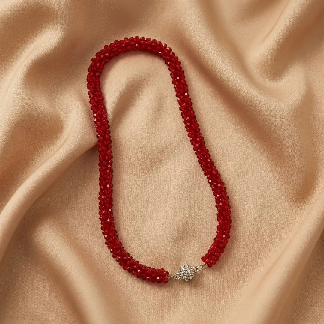 Red Beaded Traditional Necklace with Magnetic Lock - Designer Fashion Jewellery for Bridal & Festive Wear