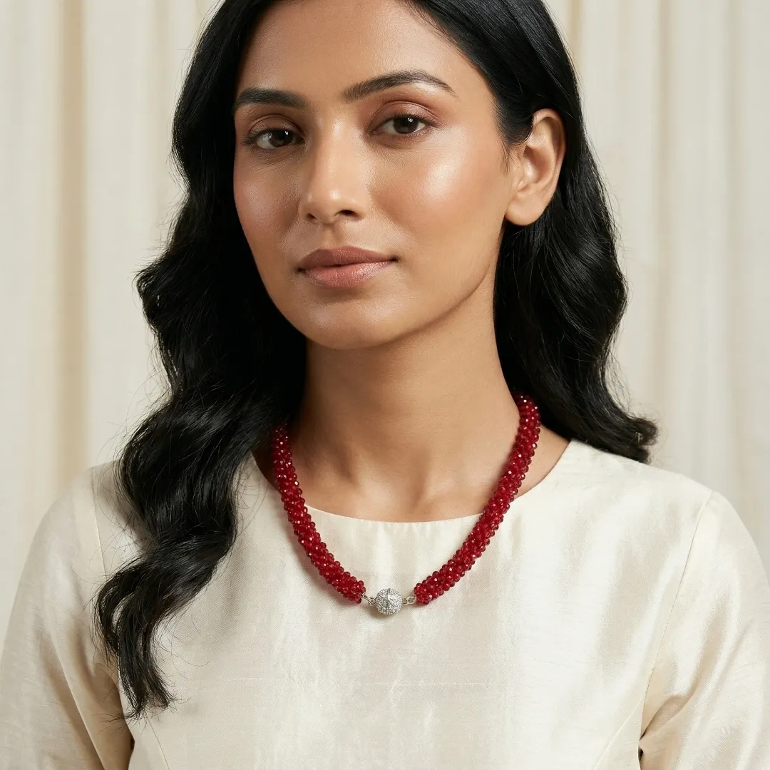 Red Beaded Traditional Necklace with Magnetic Lock - Designer Fashion Jewellery for Bridal & Festive Wear