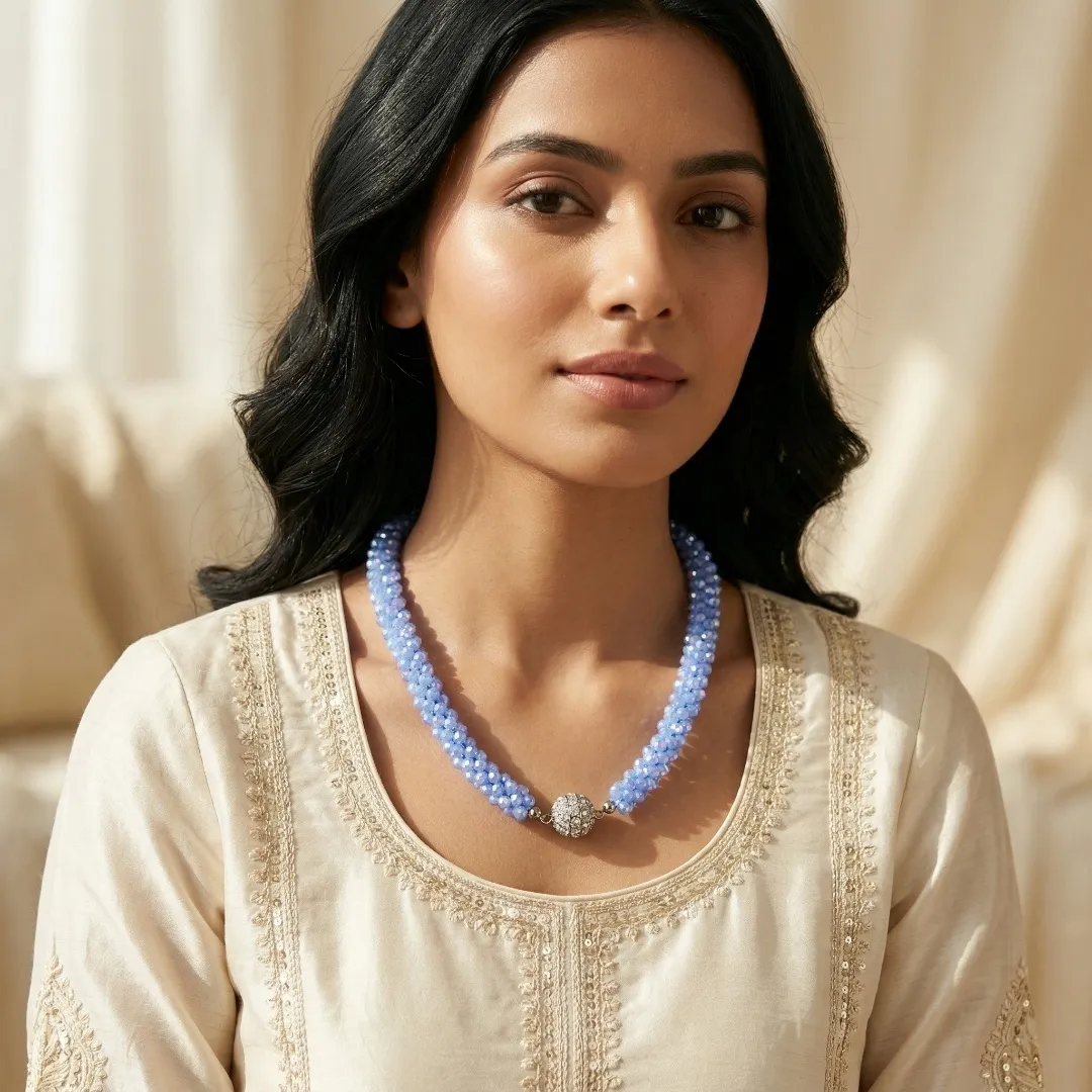 Blue Beaded Traditional Necklace with Magnetic Lock - Designer Fashion Jewellery for Bridal & Party Wear