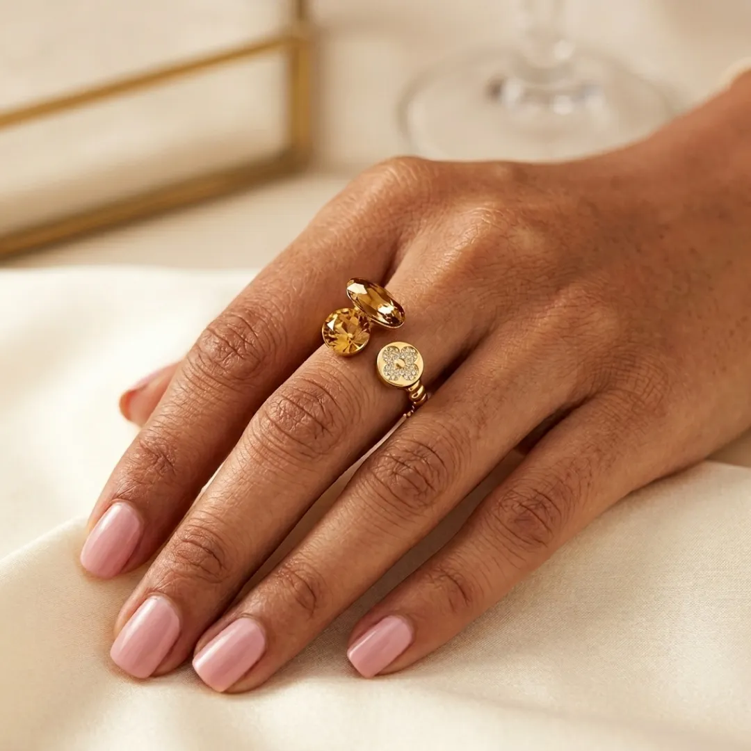 Designer Gold Plated Crystal Ring with Floral Motif - Party Wear Fashion Jewellery