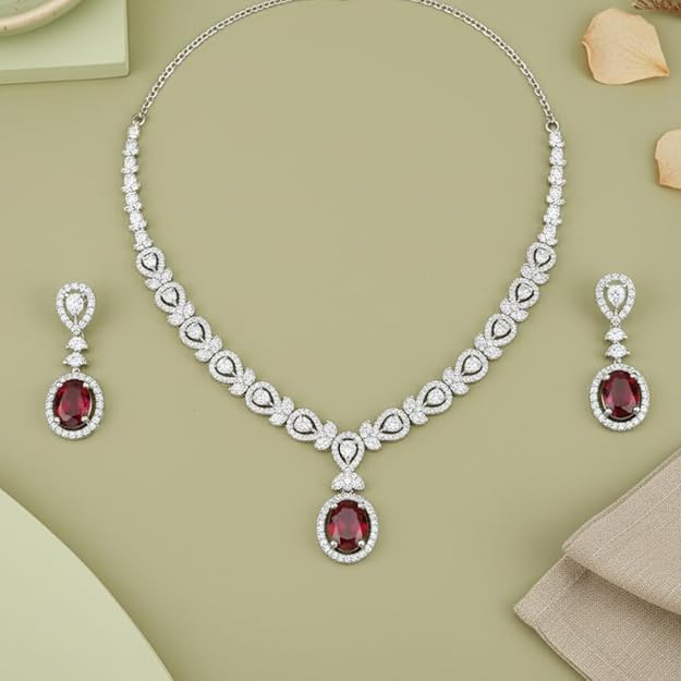 ruby American Diamond Necklace Set –CZ Stones, Rhodium-Plated Finish, Adjustable Chain, Push-Back Earrings – Ideal for Weddings, Parties & Special Occasions