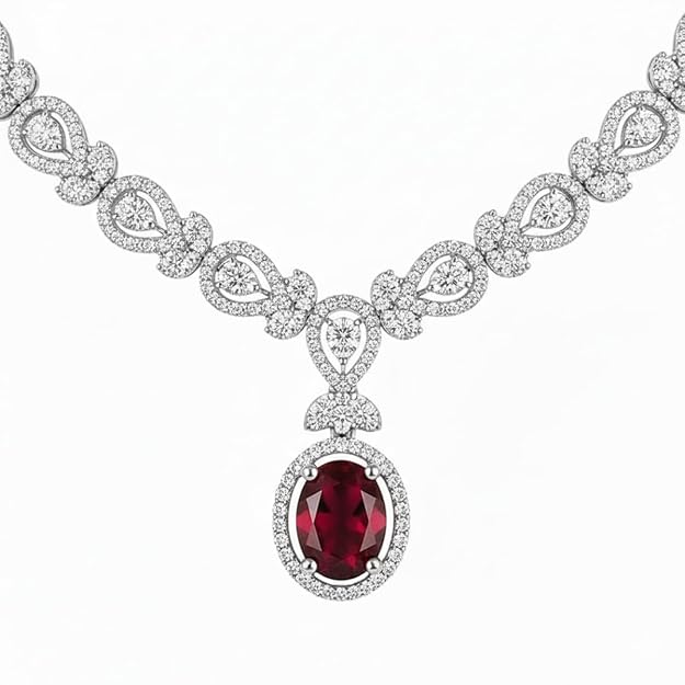 ruby American Diamond Necklace Set –CZ Stones, Rhodium-Plated Finish, Adjustable Chain, Push-Back Earrings – Ideal for Weddings, Parties & Special Occasions