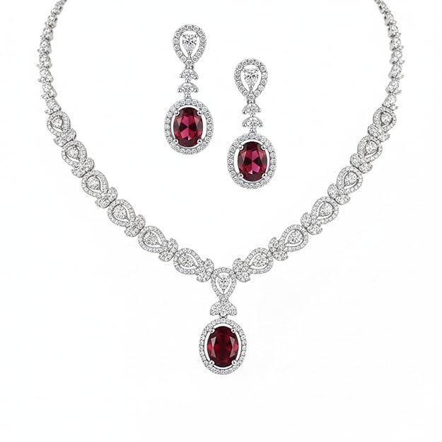 ruby American Diamond Necklace Set –CZ Stones, Rhodium-Plated Finish, Adjustable Chain, Push-Back Earrings – Ideal for Weddings, Parties & Special Occasions