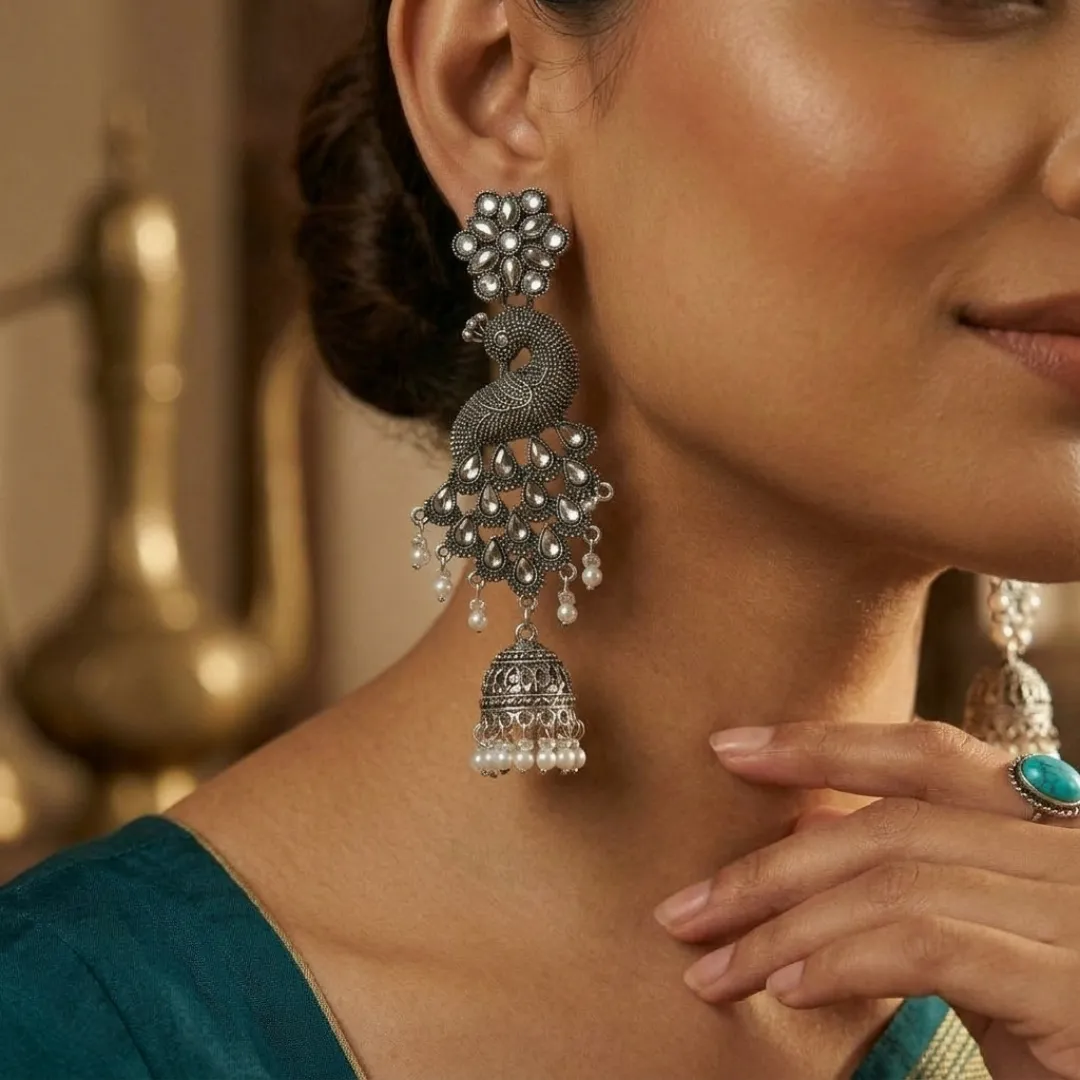 Oxidized Silver Peacock Jhumka Earrings with AD Stones - Traditional Bridal Jewellery