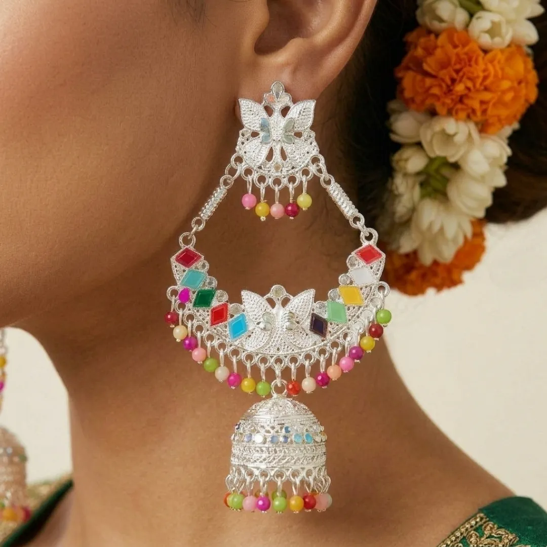 Silver Kundan Colorful Jhumka Earrings - Traditional Bridal Party Wear Jewellery