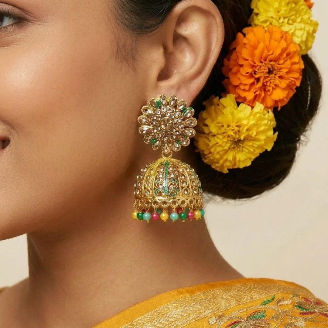 Gold Kundan Temple Jhumka Earrings with Colorful Beads - Bridal Wedding Jewellery