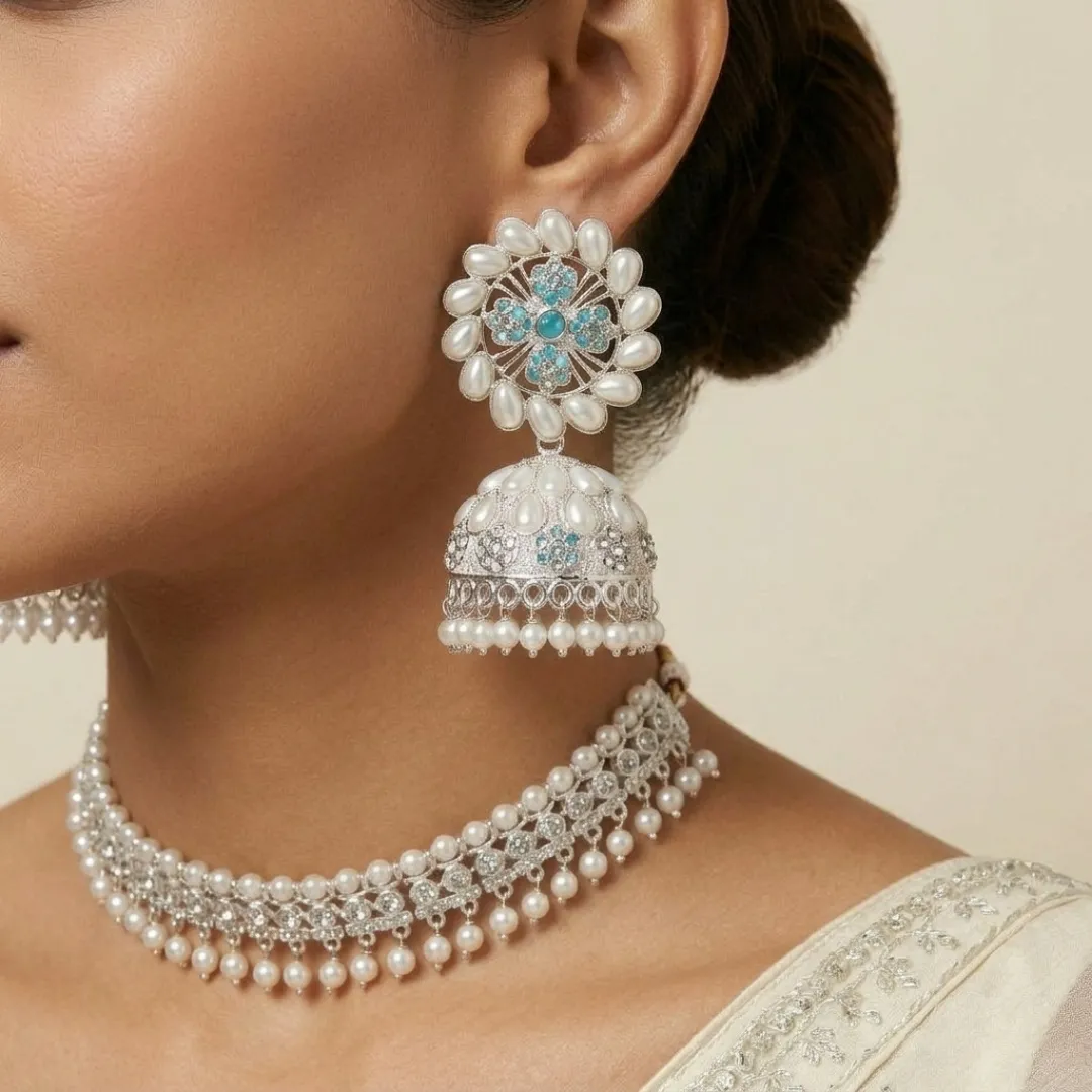 Silver Pearl AD Stone Jhumka Earrings - Bridal Traditional Wedding Jewellery