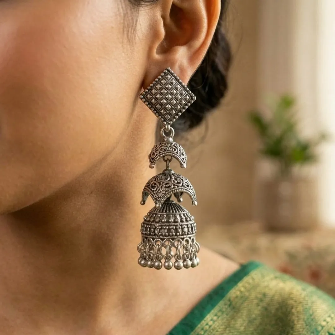 Oxidized Silver AD Stone Jhumka Earrings - Traditional Bridal Party Wear Jewellery
