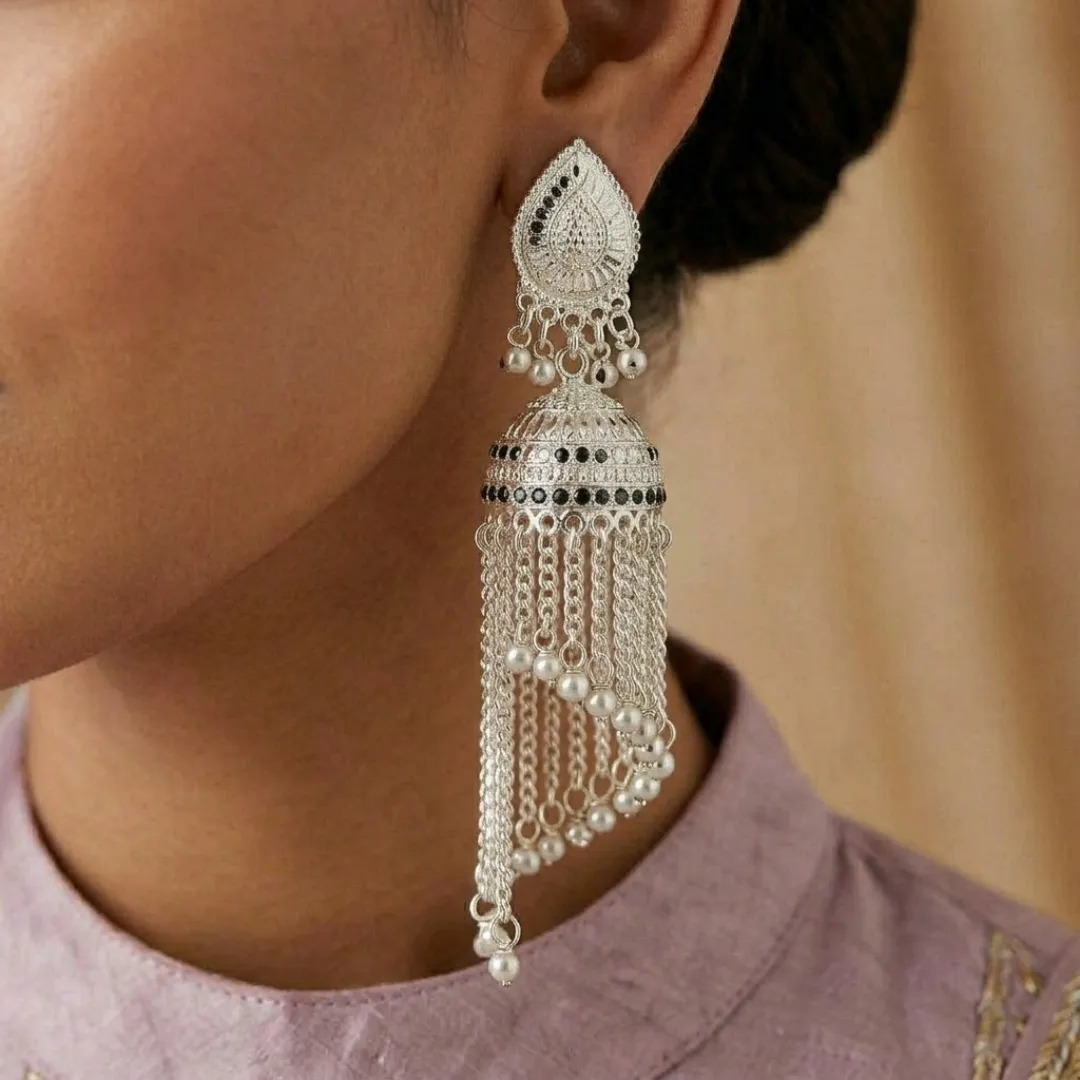 Silver Chain Tassel Drop Earrings - Designer Bridal Traditional Wedding Jewellery