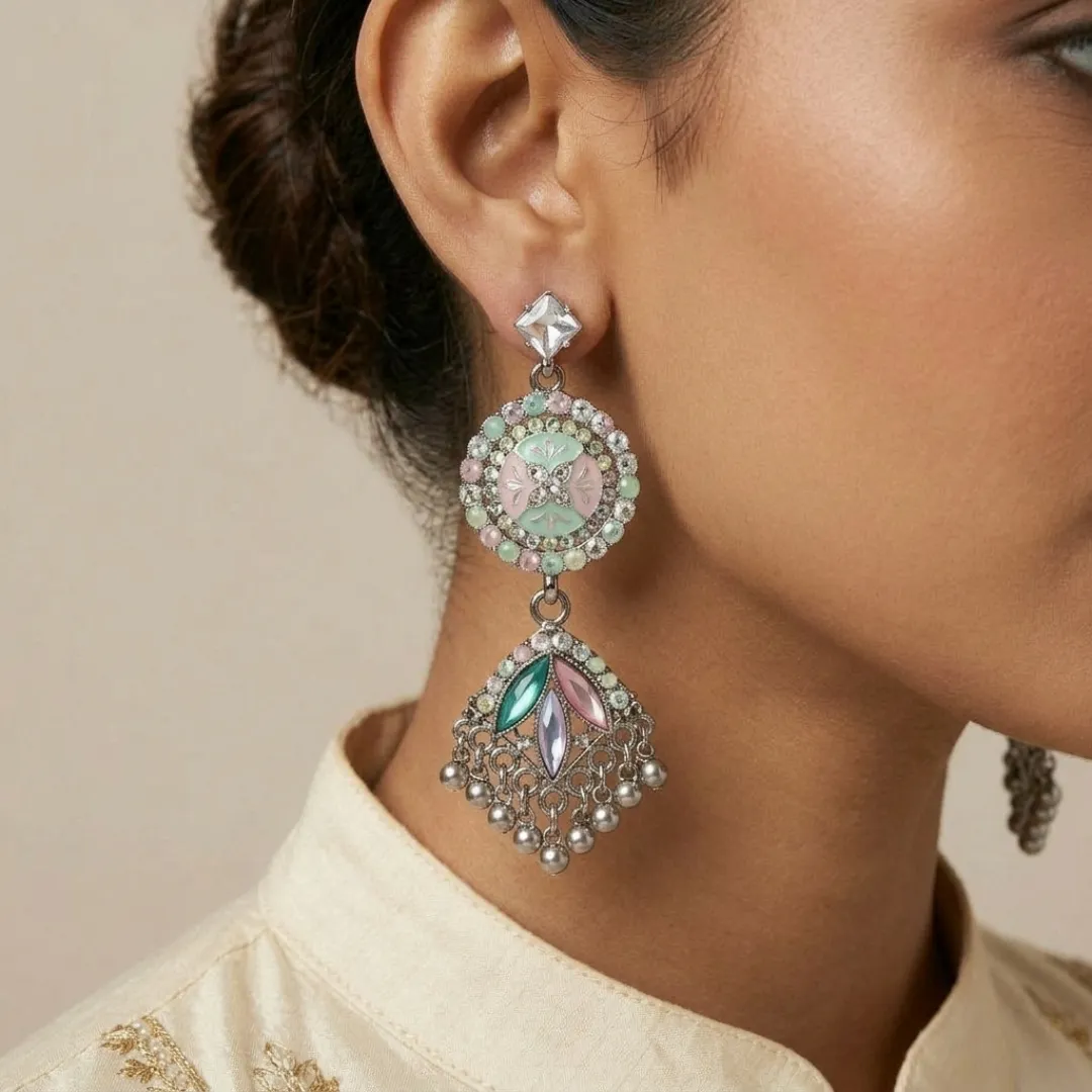 Silver Multicolor AD Stone Kundan Drop Earrings - Bridal Party Wear Jewellery