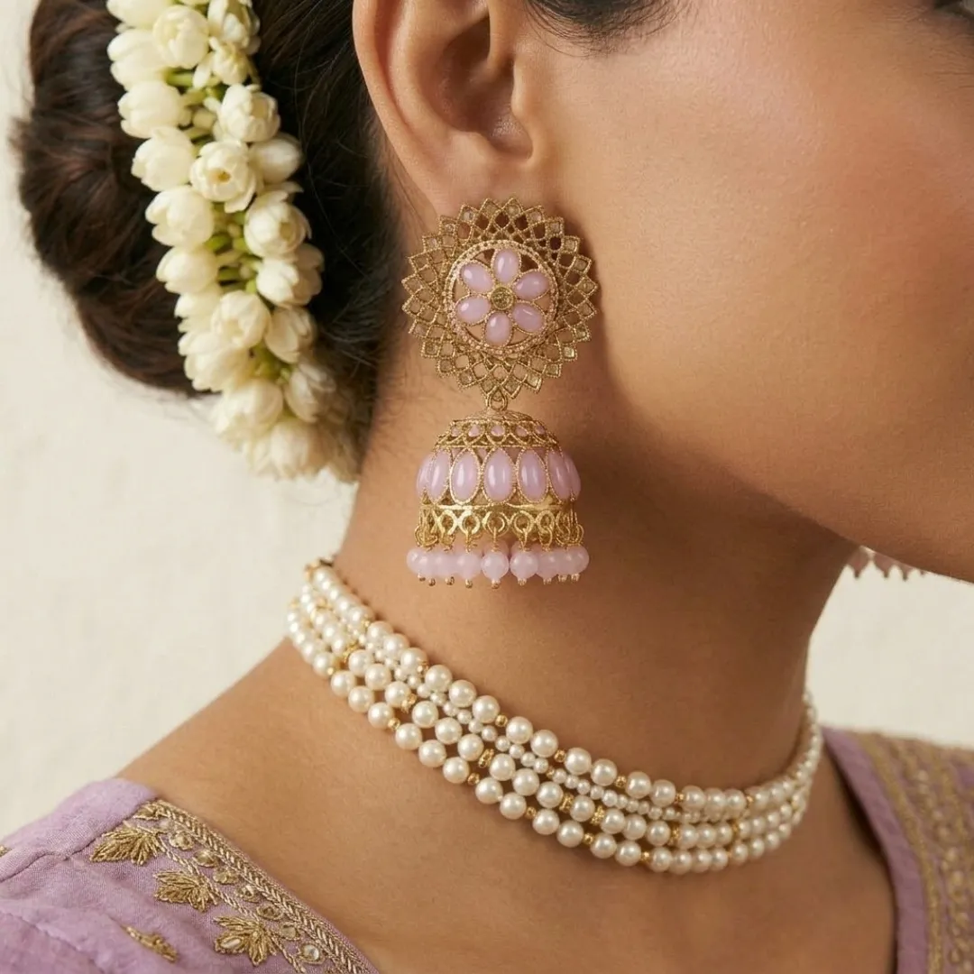 Gold Purple Kundan Jhumka Earrings - Bridal Traditional Party Wear Jewellery