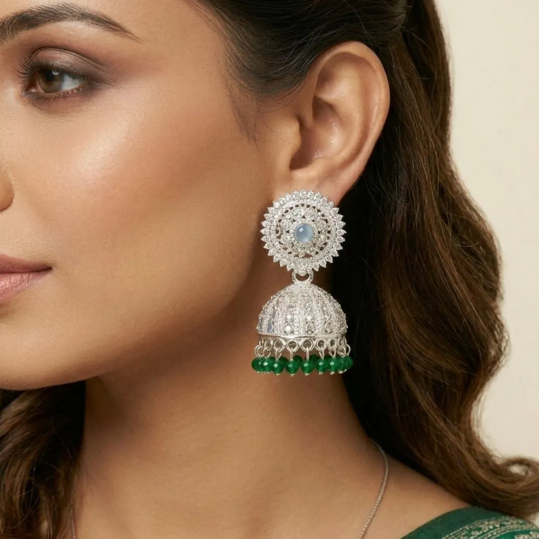 Silver Green Kundan AD Stone Jhumka Earrings - Bridal Traditional Wedding Jewellery