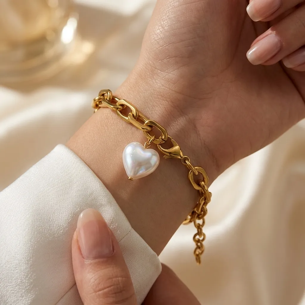 Amara Pearl Heart Bracelet | Stainless Steel | 18K Gold Plated | Anti Tarnish