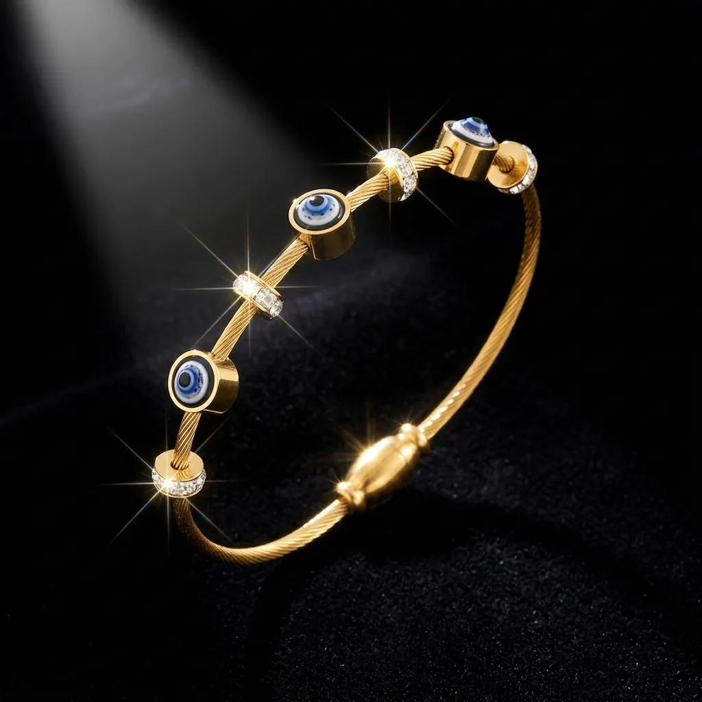 Sapphire Evil Eye Cable Bracelet | Stainless Steel | 18K Gold Plated | Anti Tarnish