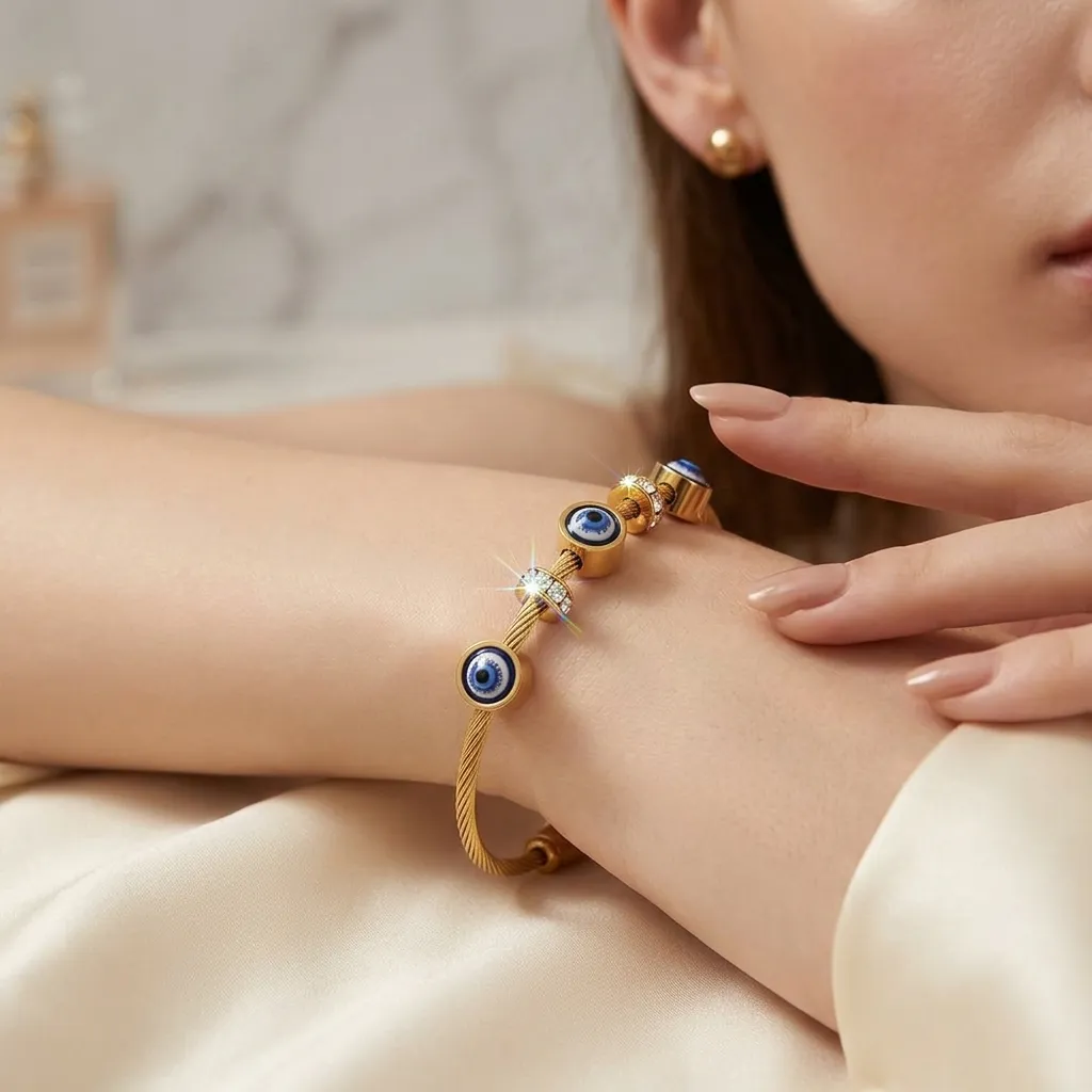 Sapphire Evil Eye Cable Bracelet | Stainless Steel | 18K Gold Plated | Anti Tarnish