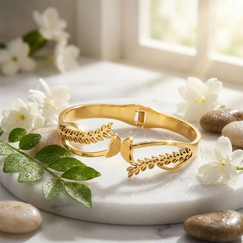 Butterfly Leaf Bangle Bracelet | Stainless Steel | 18K Gold Plated | Anti Tarnish