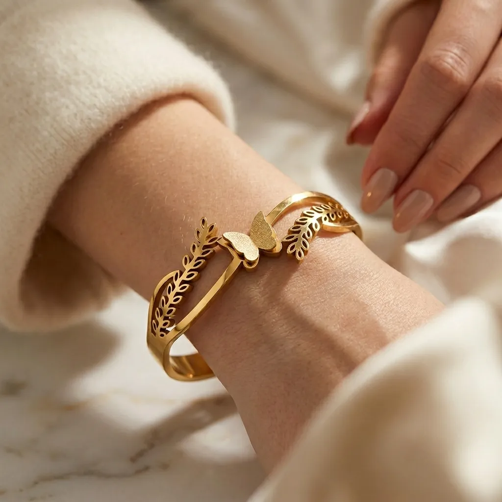 Butterfly Leaf Bangle Bracelet | Stainless Steel | 18K Gold Plated | Anti Tarnish