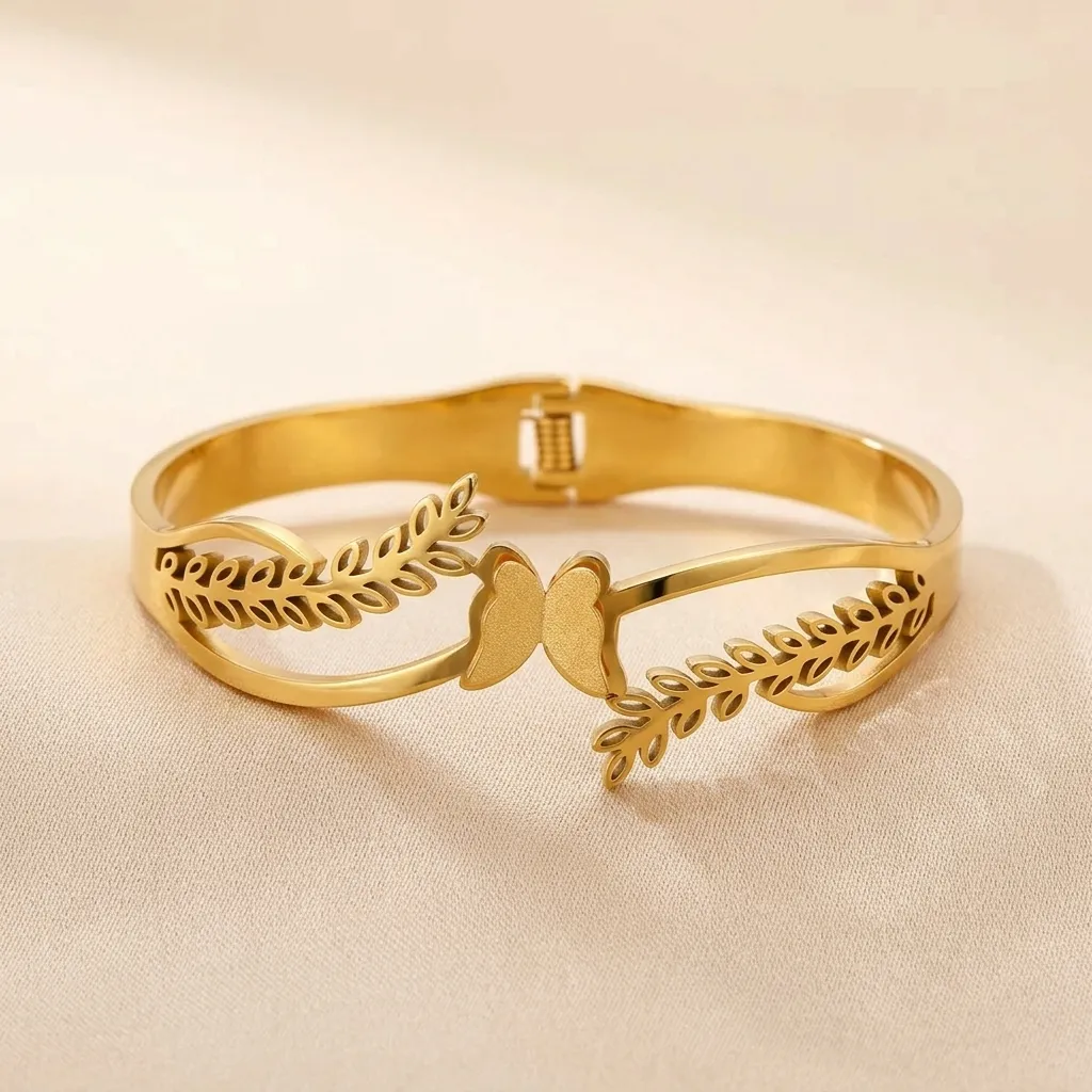 Butterfly Leaf Bangle Bracelet | Stainless Steel | 18K Gold Plated | Anti Tarnish