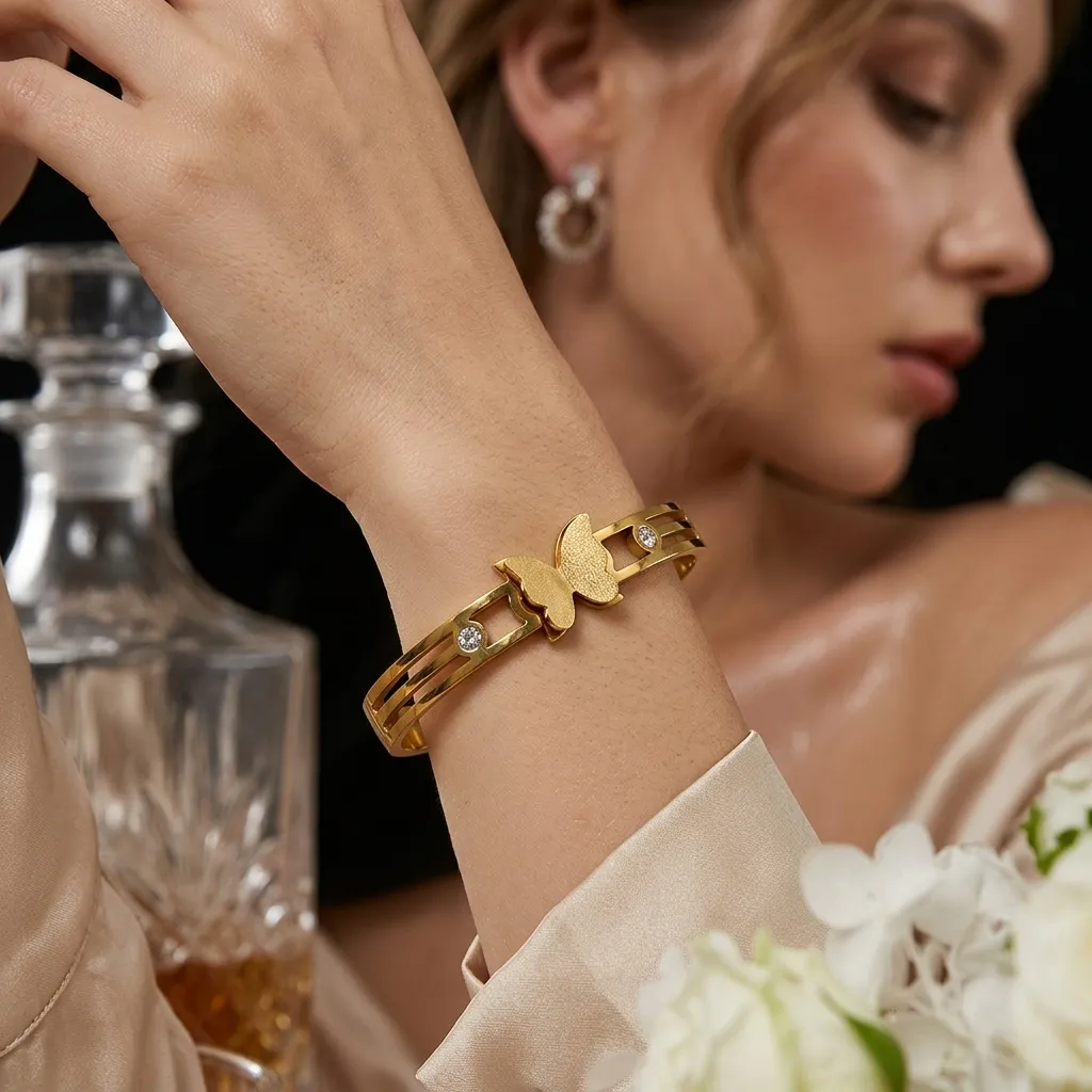  Graceful Butterfly Bangle Bracelet | Stainless Steel | 18K Gold Plated | Anti Tarnish