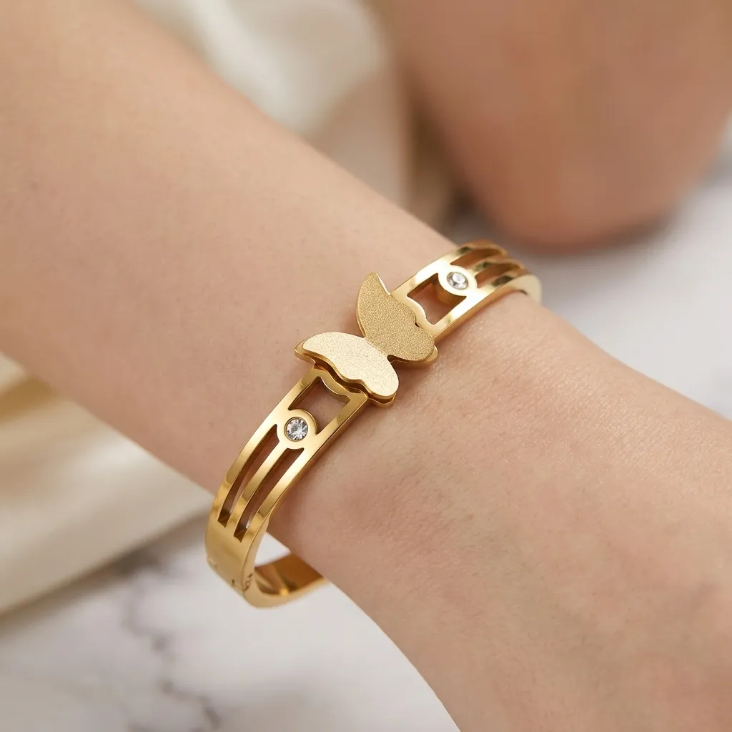  Graceful Butterfly Bangle Bracelet | Stainless Steel | 18K Gold Plated | Anti Tarnish