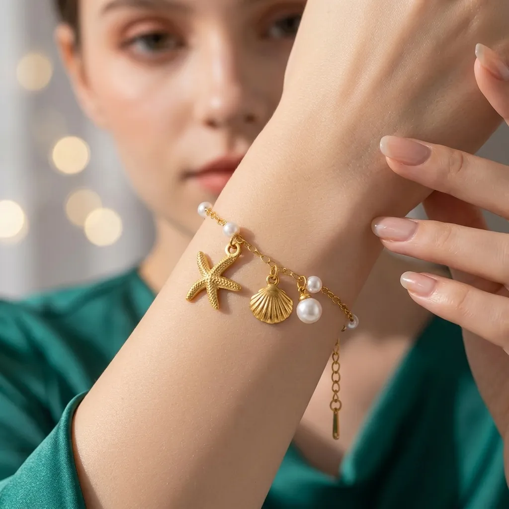 Ocean Pearl Charm Bracelet | Stainless Steel | 18K Gold Plated | Anti Tarnish
