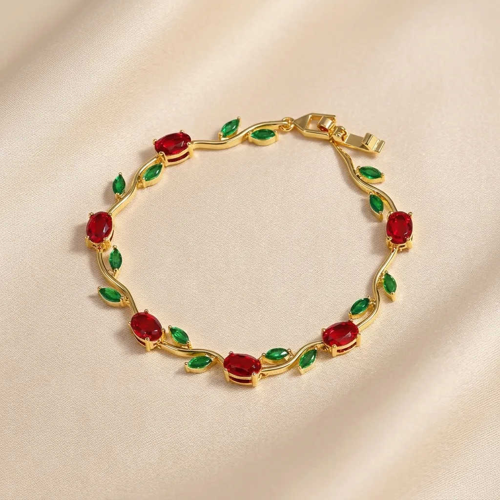 Ruby Emerald Gemstone Bracelet | Stainless Steel | 18K Gold Plated | Anti Tarnish