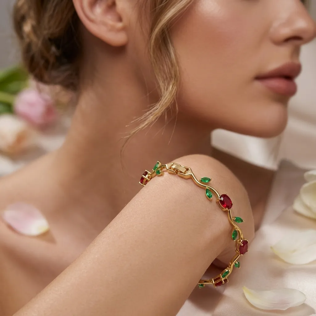 Ruby Emerald Gemstone Bracelet | Stainless Steel | 18K Gold Plated | Anti Tarnish