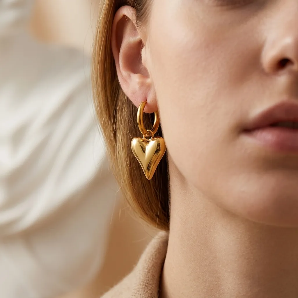 Bella Heart Huggie Drop Earrings | Stainless Steel | 18K Gold Plated | Anti Tarnish