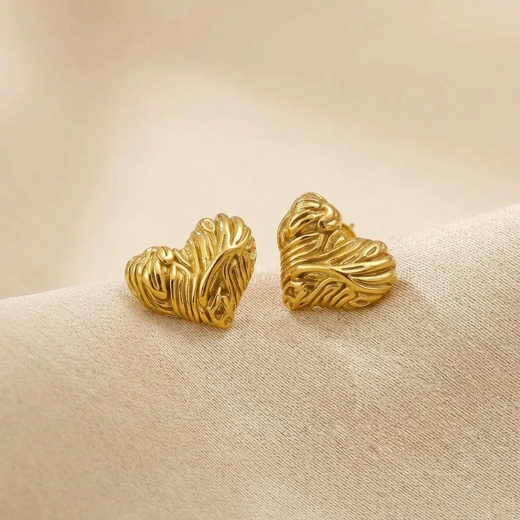Rhea Textured Heart Stud Earrings | Stainless Steel | 18K Gold Plated | Anti Tarnish
