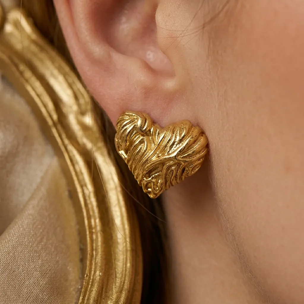 Rhea Textured Heart Stud Earrings | Stainless Steel | 18K Gold Plated | Anti Tarnish