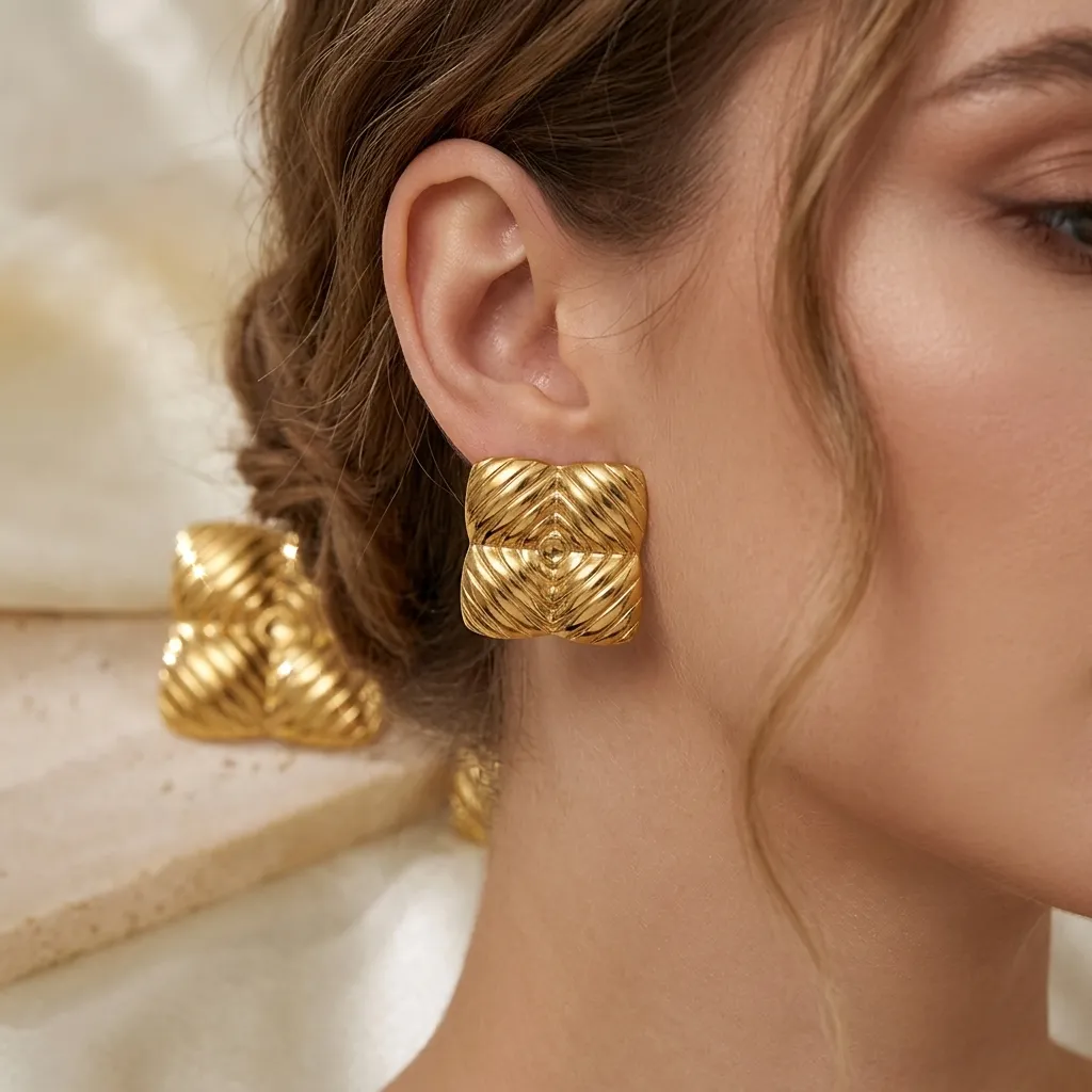 Aria Quilted Stud Earrings | Stainless Steel | 18K Gold Plated | Anti Tarnish