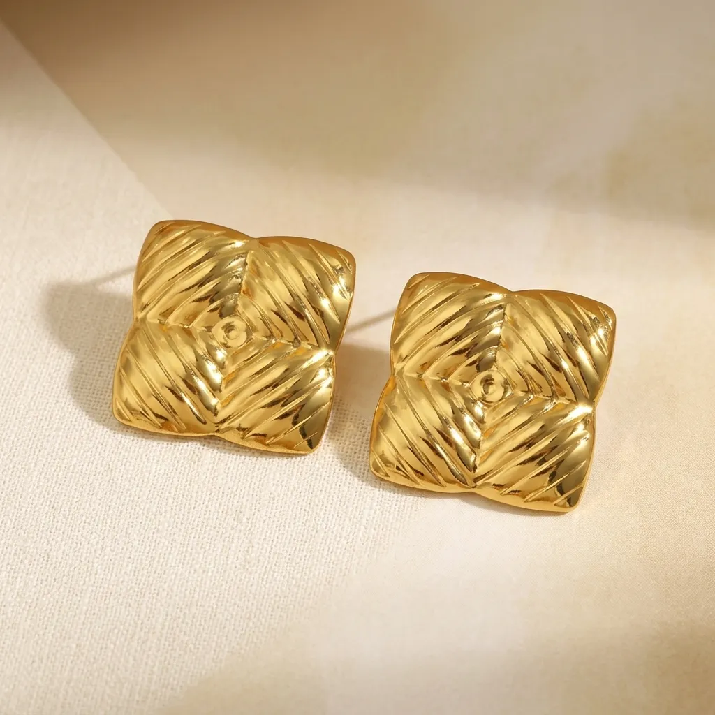 Aria Quilted Stud Earrings | Stainless Steel | 18K Gold Plated | Anti Tarnish