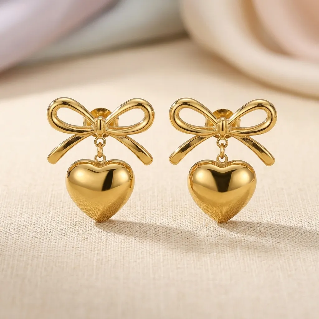 Colette Bow Heart Earrings | Stainless Steel | 18K Gold Plated | Anti Tarnish