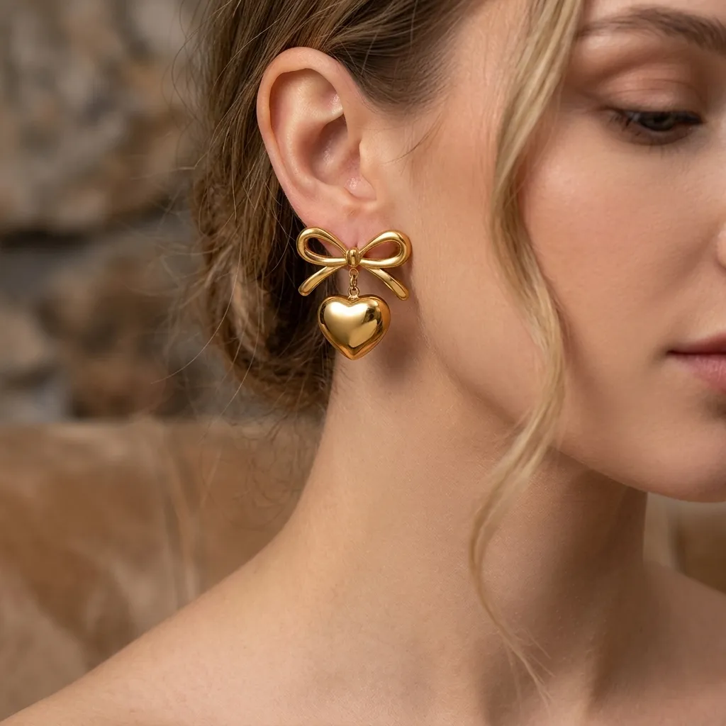 Colette Bow Heart Earrings | Stainless Steel | 18K Gold Plated | Anti Tarnish