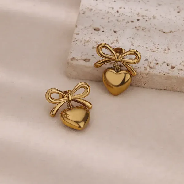 Colette Bow Heart Earrings | Stainless Steel | 18K Gold Plated | Anti Tarnish