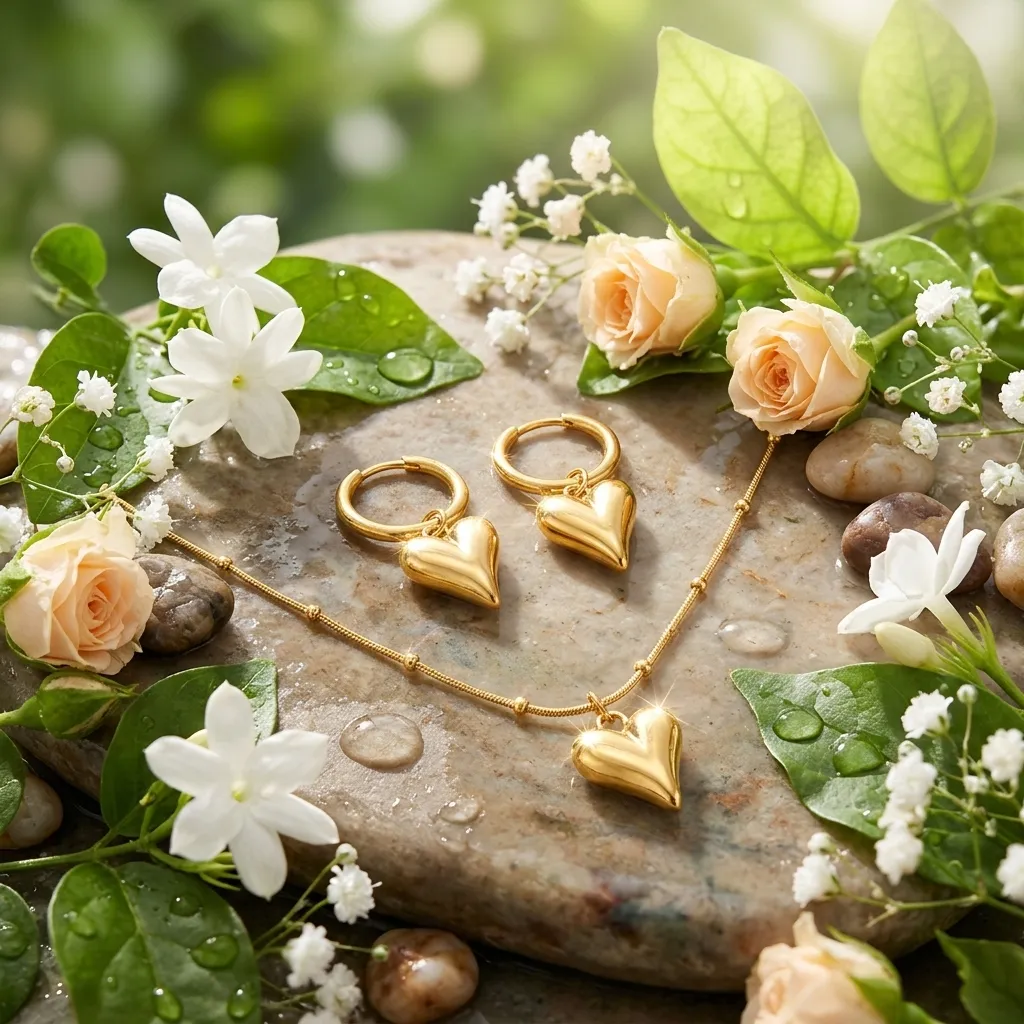 Adora Heart Necklace with Earrings | Stainless Steel | 18K Gold Plated | Anti Tarnish