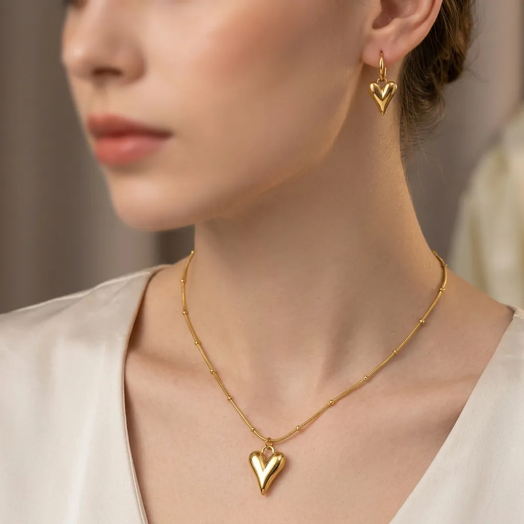Adora Heart Necklace with Earrings | Stainless Steel | 18K Gold Plated | Anti Tarnish