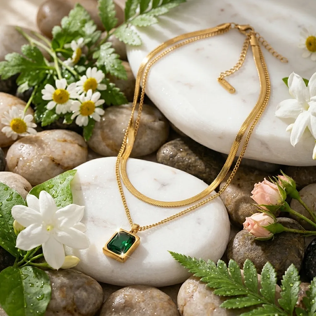 Emerald Layered Necklace | Stainless Steel | 18K Gold Plated | Anti Tarnish